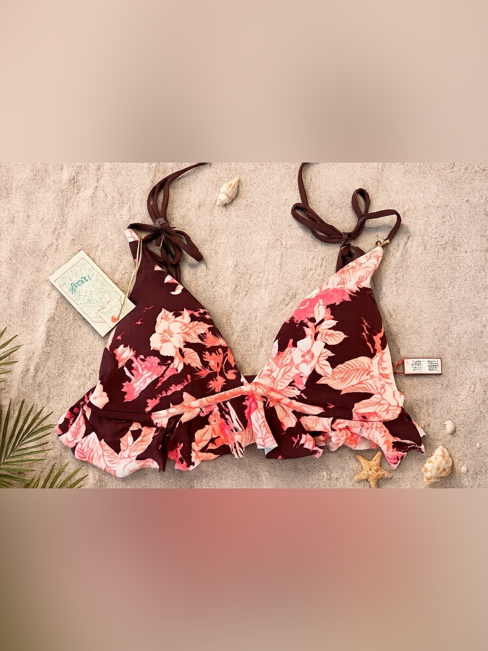 Maaji Floral Ruffle Triangle Bikini Top - Burgundy with Pink Bloom